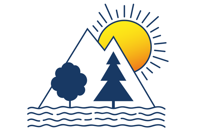 Illustration Berg mit Bäumen im Vordergrund und Sonne im Hintergrund